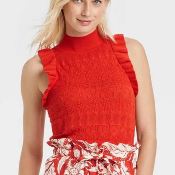 🆕 RED RUFFLE Knit TOP Tank Sweater Vest Who What Wear L NEW NWT - Picture 12 of 12